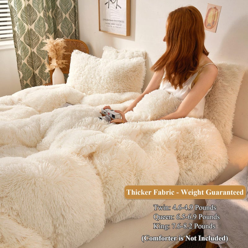XeGe Plush Shaggy Duvet Cover Set  Luxury Ultra Soft Crystal Velvet Fluffy Bedding Sets 2 Pieces(1 Faux Fur Furry Comforter Cover + 1 Fuzzy Faux Fur Pillowcase)  Zipper Closure(Twin  Light Beige) - Image 3